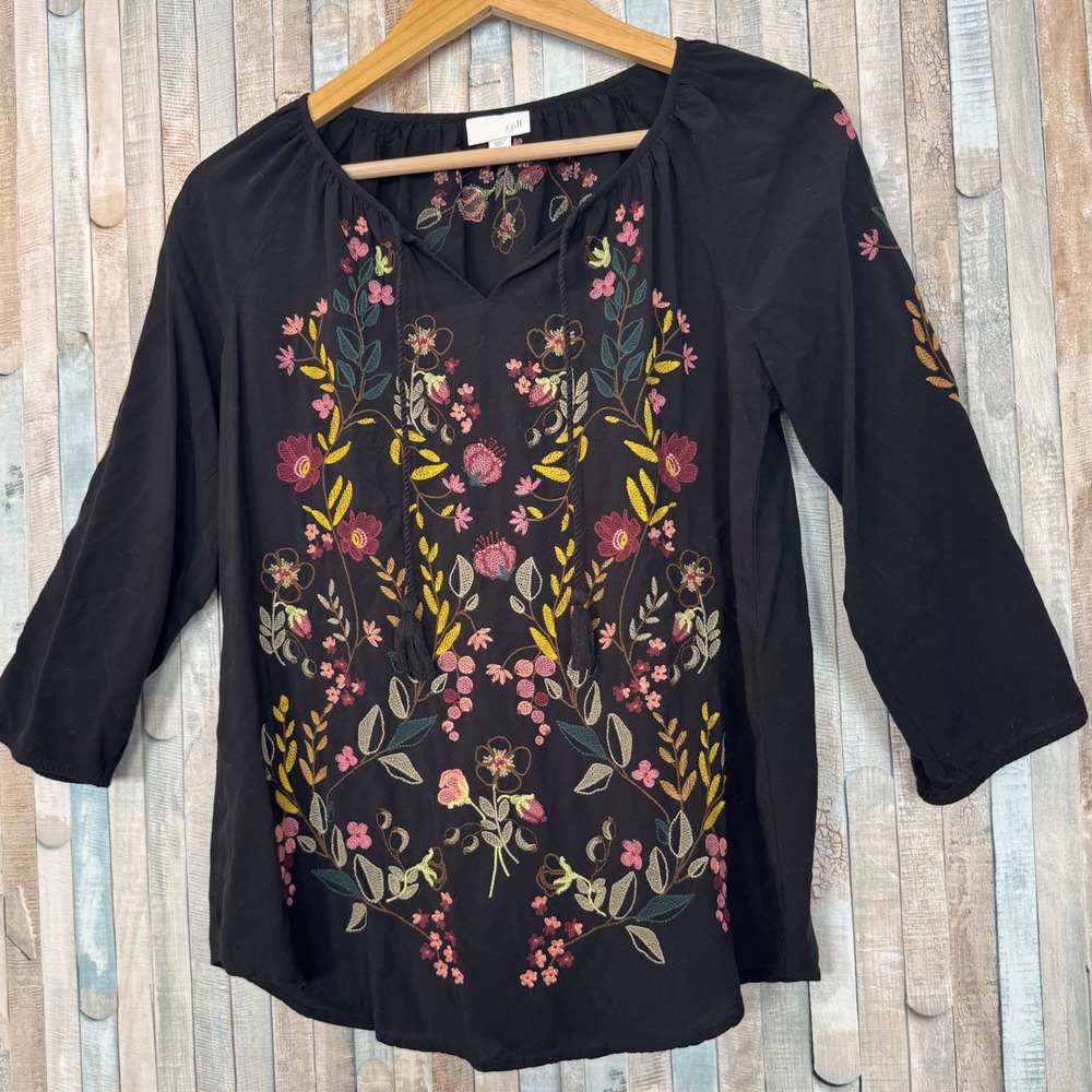 J Jill Black Floral Embroidered Peasant Blouse Tassel Tie Boho Top Colorful S